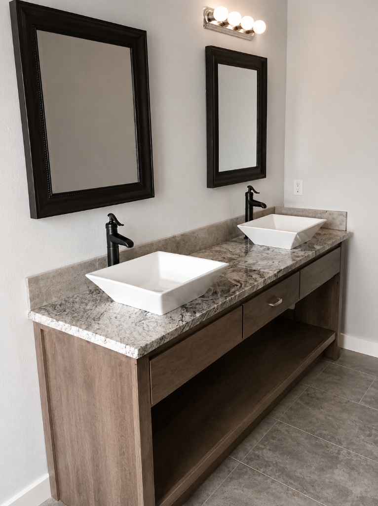 Custom Stained Wood Open-Shelf Double Vanity with Vessel Sinks