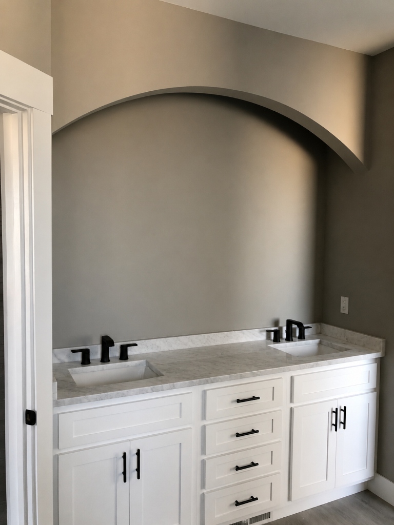 Custom White Shaker Double Vanity in Barrel Arch Alcove