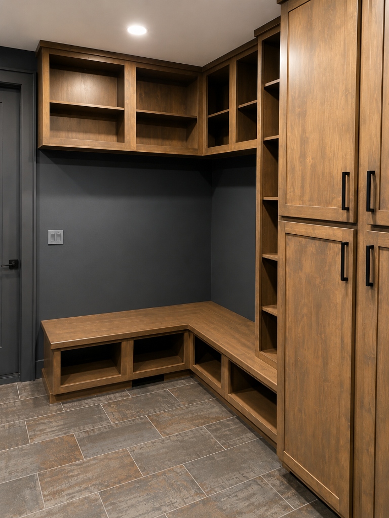 Custom Hardwood Mudroom Built-In with Bench Seating