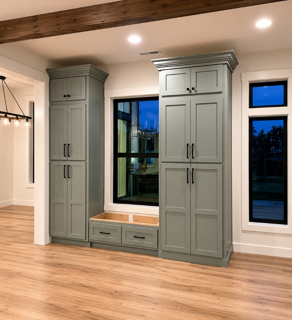Architectural Sage Green Mudroom Built-In Towers with Window Bench