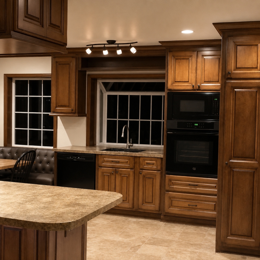 Custom Cherry Hardwood Cabinetry Suite with Built-In Banquette