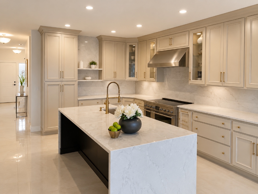 Luxury Marble Waterfall Edge Island with Greige Shaker Cabinetry