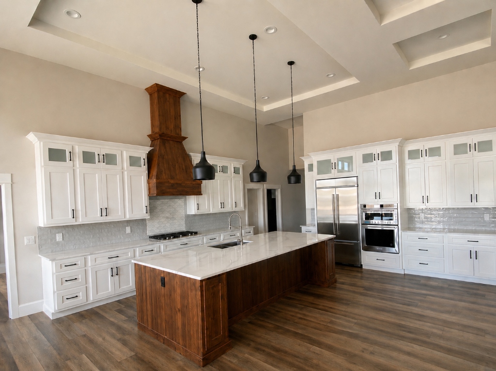 Grand Tray-Ceiling Chef's Kitchen with Oversized Stained Wood Island