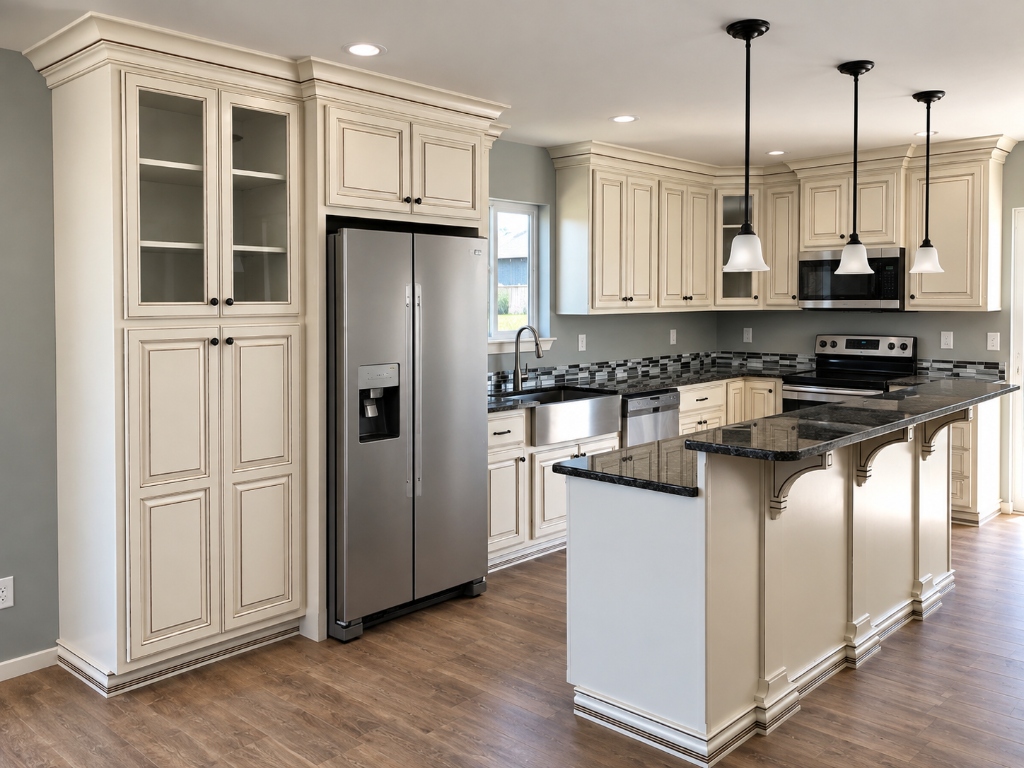 Antique Glazed Cream Kitchen with Raised Breakfast Bar and Farmhouse Sink