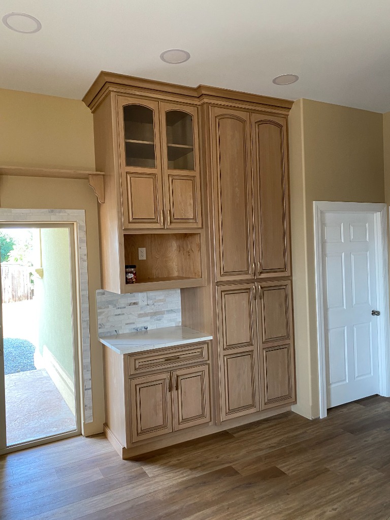 Custom Honey Oak Coffee Bar and Built-In Pantry Tower