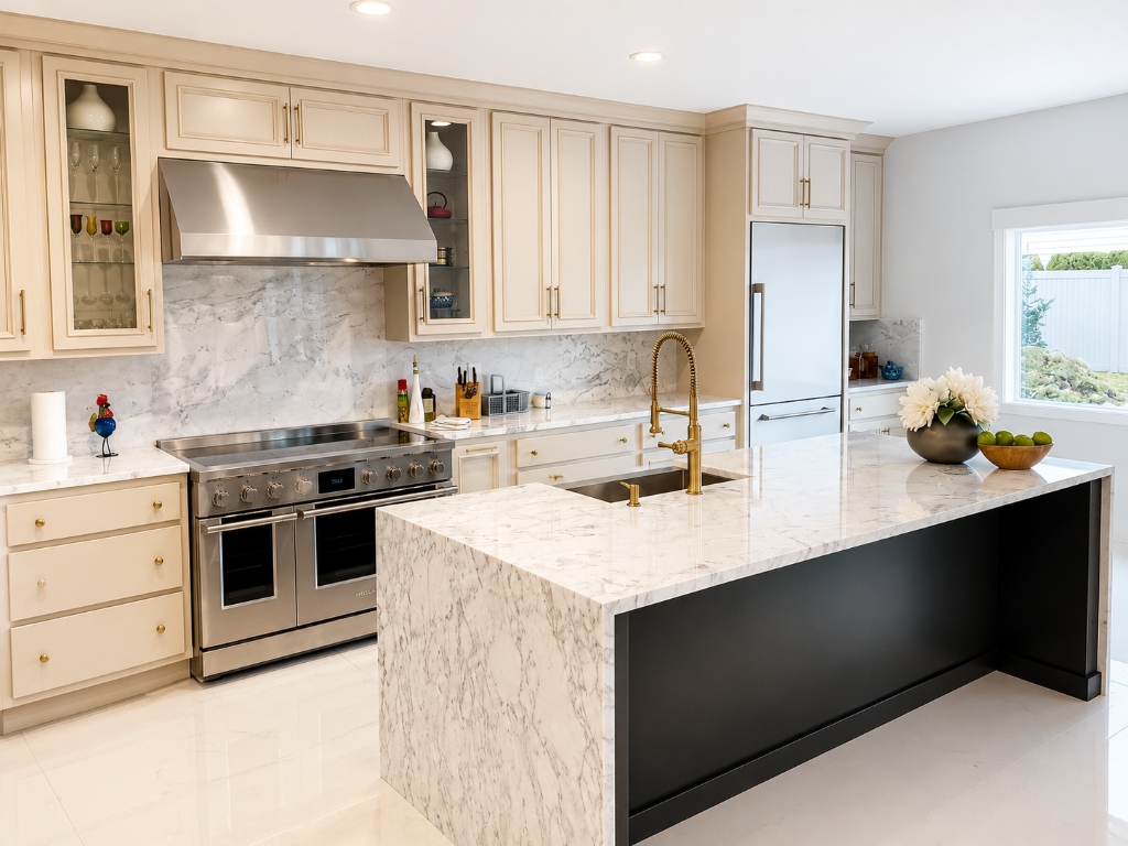 Luxury Waterfall Marble Island Kitchen