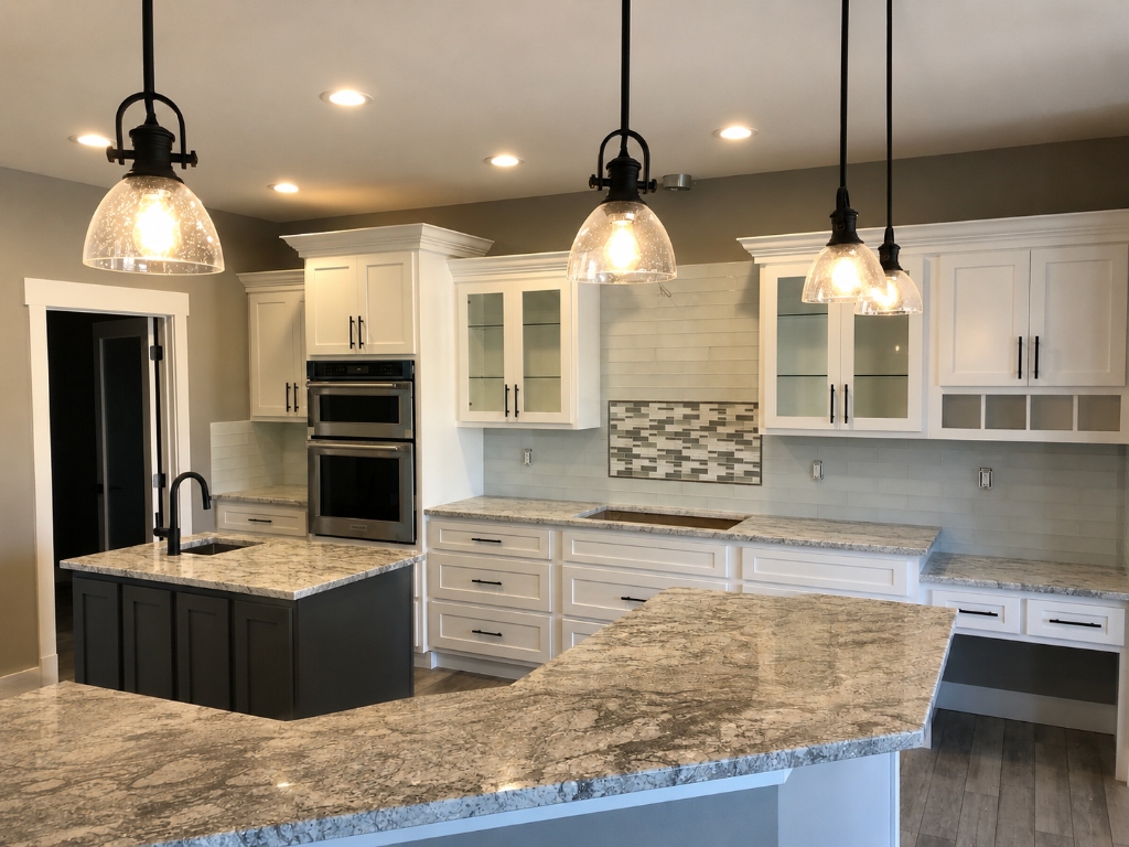Luxury Multi-Tier Granite Island Kitchen with Seeded Glass Pendants