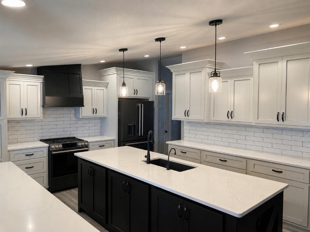 Contemporary Two-Tone Kitchen with Matte Black Island and Range Hood